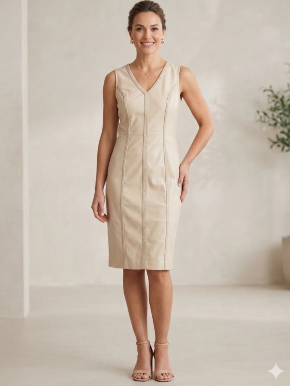 Max Studio Faux Leather Tan Cream VNeck Braided Trim Lined Midi Dress Size Small